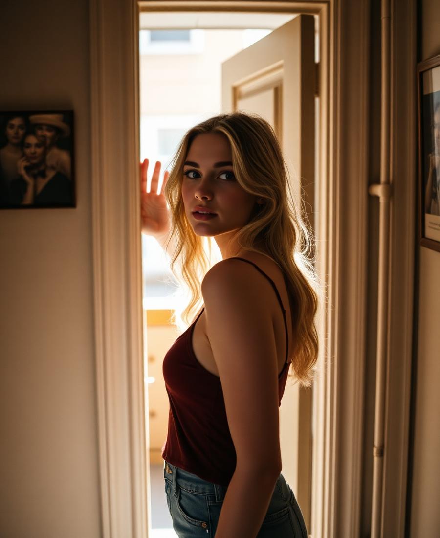 Mae standing in a sunlit doorway