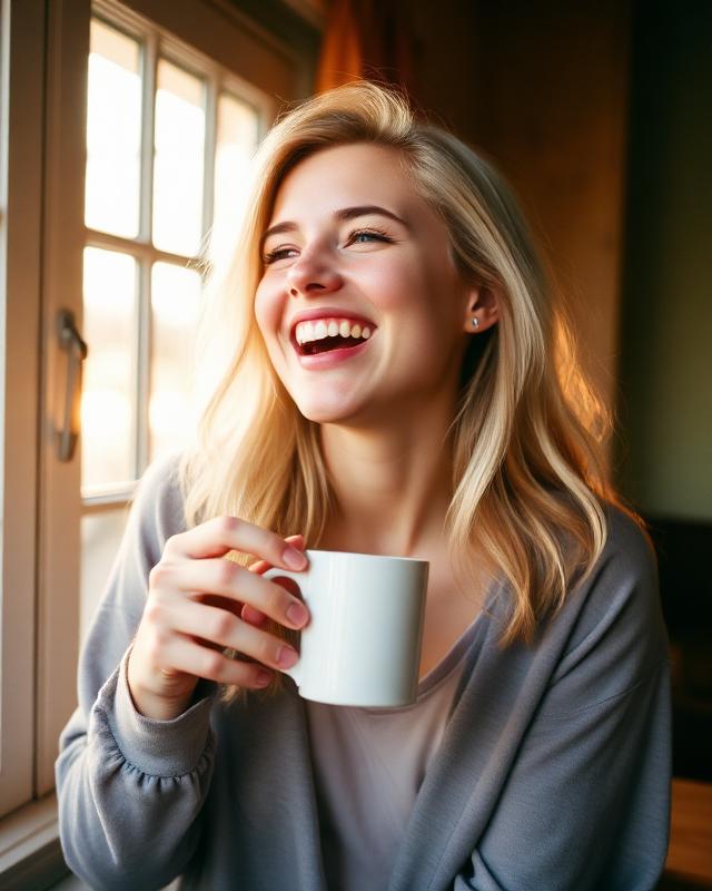 Mae laughing with a mug of coffee by the window