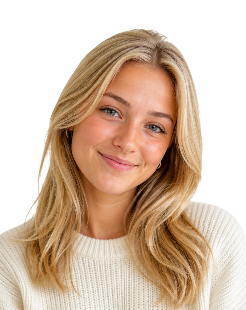 Mae, smiling, in a cream knit sweater