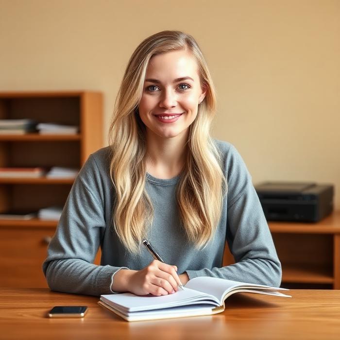 Mae at her desk with a notebook