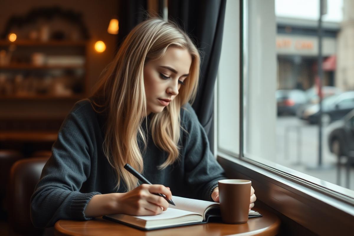 Mae writing in a notebook at a cafe table