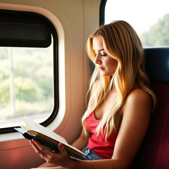 A woman reading a paperback on a train window seat in afternoon light