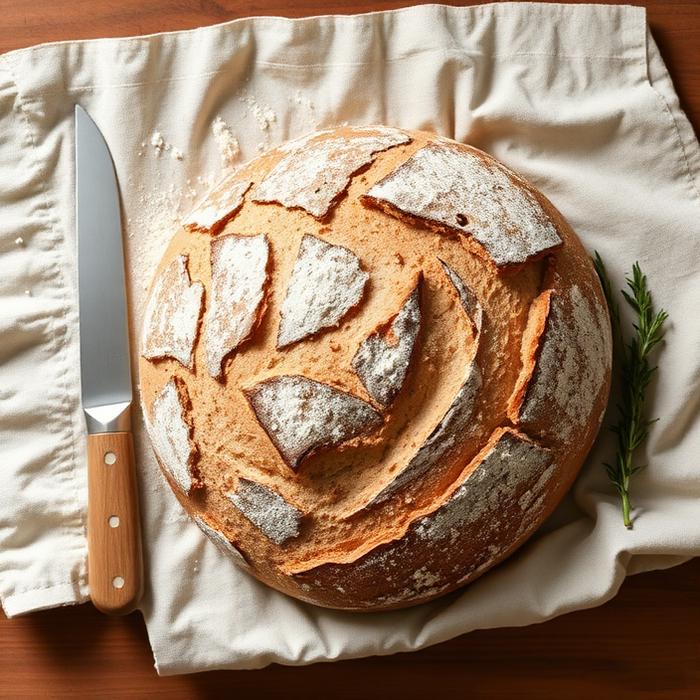 An overhead flat-lay of a rustic sourdough loaf on linen with flour and rosemary
