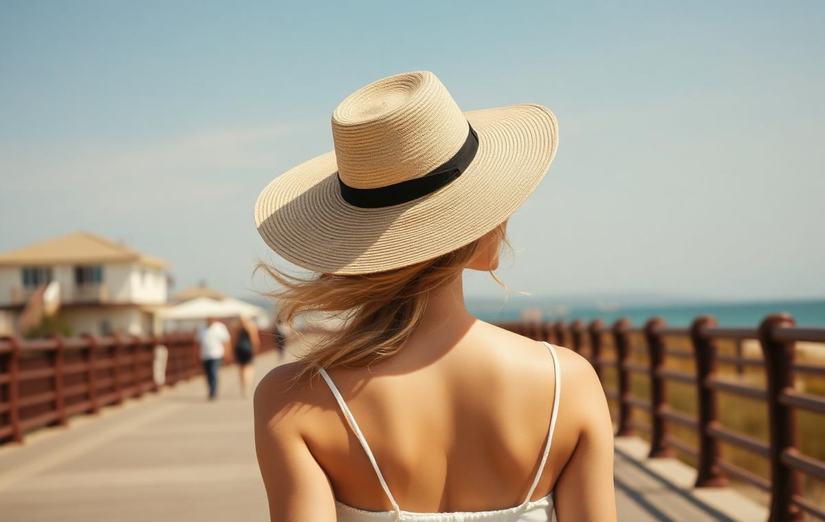 A woman in a wide-brimmed hat walking a sunny coastal boardwalk