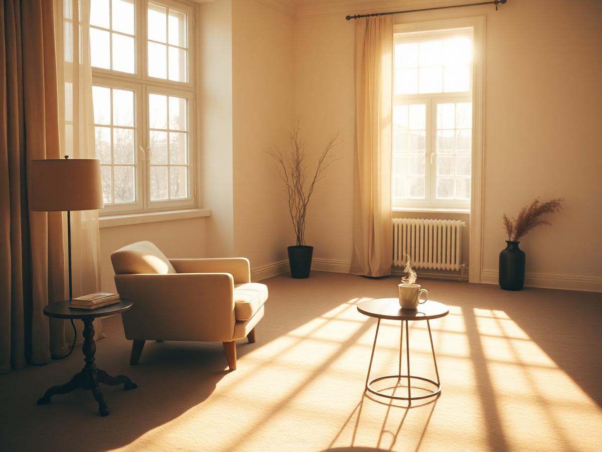 A sunlit winter living room with one armchair and a steaming mug